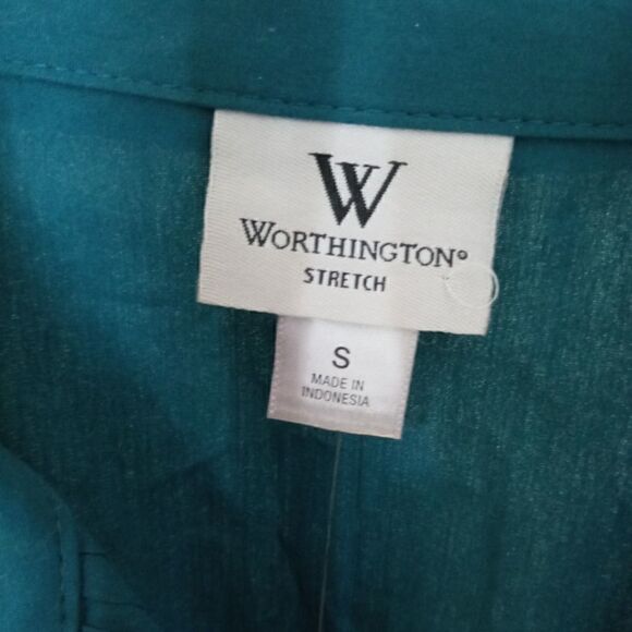 Worthington Stretch Long Sleeve Button down Ruffle Shirt. Zenith Teal-Small - Picture 6 of 7